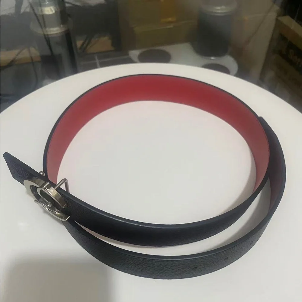Christian Louboutin CL Buckle Reversible Leather Belt Black Red 34in